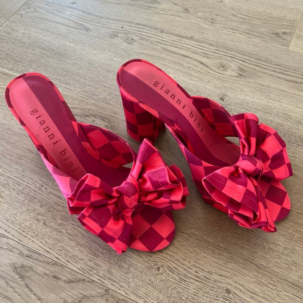 GIANNI BINI KELLY CHECKERED CHECKER BLOCK HEELS PINK RED size 7.5